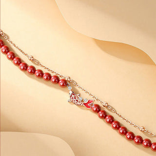 Buddha Gift 925 Sterling Silver Lucky Koi Fish Cinnabar Zircon Prosperity Double Layer Chain Bracelet