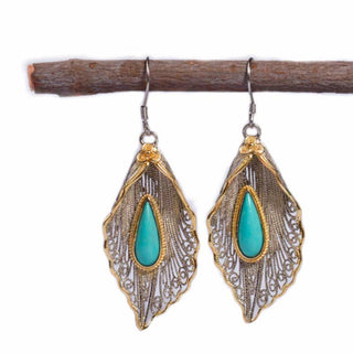 Buddha Gift 925 Sterling Silver Turquoise Bodhi Leaf Pattern Protection Drop Dangle Earrings