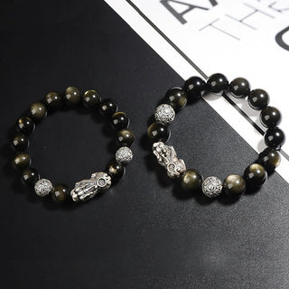Buddha Gift 925 Sterling Silver Natural Gold Sheen Obsidian PiXiu Wealth Protection Bracelet