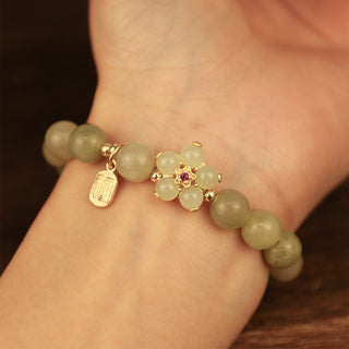 Buddha Gift Green Jade Flower Fu Character Charm Luck Bracelet