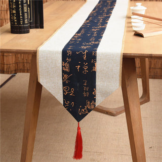 Buddha Gift Classic Chinese Style Lotus Koi Fish Flower Crane Calligraphy Enlightenment Cotton Linen Tassels Table Runner