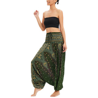 Buddha Gift Two Style Wear Peacock Feather Loose Smocked Harem Trousers Jumpsuit High Waist Pants