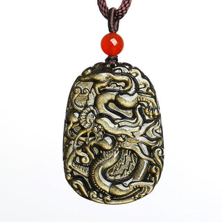Buddha Gift Gold Sheen Obsidian Dragon Pattern Success Necklace Pendant
