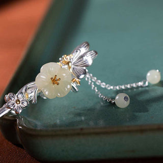 Buddha Gift 925 Sterling Silver Hetian White Jade Flower Blessing Hairpin