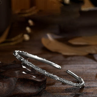 Buddha Gift 925 Sterling Silver Handmade Vines Engraved Protection Bracelet Bangle