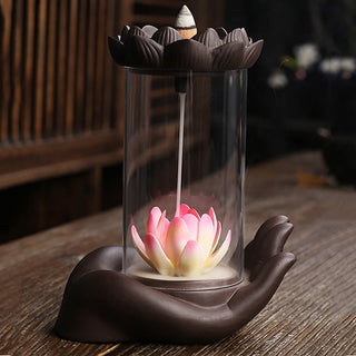 Buddha Gift Buddha Hand Lotus Enlightenment LED Light Purple Clay Ceramic Incense Burner Decoration