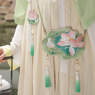 Buddha Gift Luck Embroidery Lotus Koi Fish Rabbit Flower Hanfu Bag Crossbody Bag Shoulder Bag
