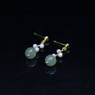 Buddha Gift Hetian Jade Flower Pattern 14K Gold Plated Luck Drop Dangle Earrings