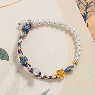 Buddha Gift 925 Sterling Silver Peach Blossom Pearl Chalcedony Healing Rope Bracelet