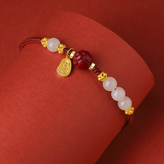 Buddha Gift 24K Gold Plated Hetian White Jade Cinnabar Lotus Luck Rope Bracelet