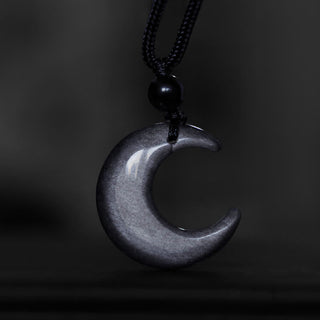 Buddha Gift Natural Silver Sheen Obsidian Selenite Crystal Crescent Moon Yin Yang Couple Protection Necklace Pendant