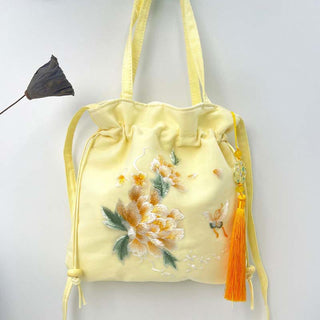 Buddha Gift Lotus Peony Epiphyllum Phoenix Suzhou Embroidery Cotton Linen Tote Crossbody Bag Shoulder Bag Handbag