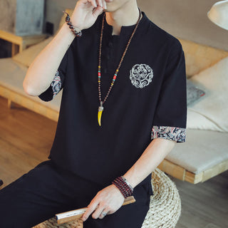 Buddha Gift Frog-Button Dragon Embroidery Chinese Tang Suit Short Sleeve Shirt Linen Men Clothing