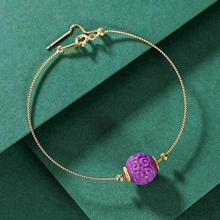 Buddha Gift 925 Sterling Silver Plated Gold Natural Purple Mica Stone Relief Bead Positive Necklace Pendant Bracelet Set