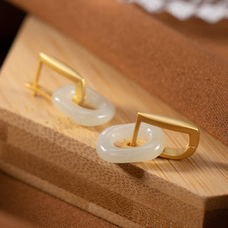 Buddha Gift 925 Sterling Silver Round White Jade Happiness Blessing Earrings