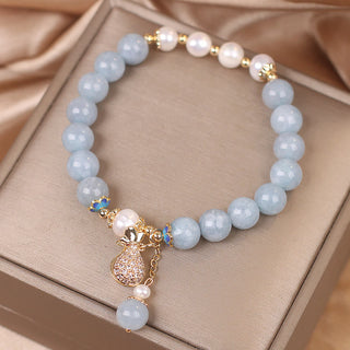 Buddha Gift Aquamarine Pearl Fortune Money Bag Charm Bracelet
