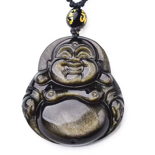 Buddha Gift Laughing Buddha Gold Sheen Obsidian Wealth Necklace Pendant
