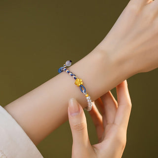 Buddha Gift 925 Sterling Silver Peach Blossom Pearl Chalcedony Healing Rope Bracelet