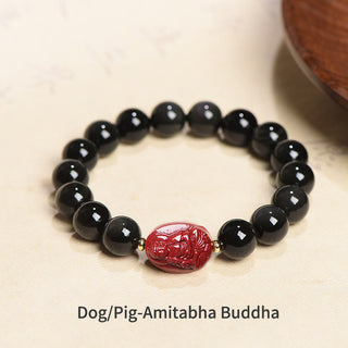 Buddha Gift Chinese Zodiac Natal Buddha Natural Black Obsidian Cinnabar Purification Bracelet
