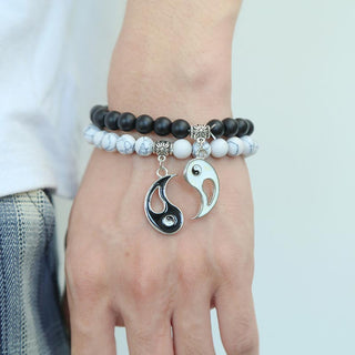 Buddha Gift 2pcs Natural Black Onyx White Turquoise Bead Yin Yang Couple Bracelet
