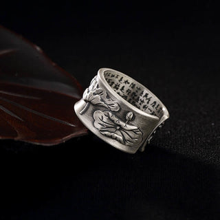 Buddha Gift 999 Sterling Silver Luck Koi Fish Lotus Heart Sutra Wealth Ring