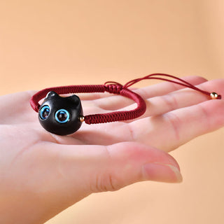 Buddha Gift Ebony Wood Cat Head Pattern Peace King Kong Knot Braided Bracelet
