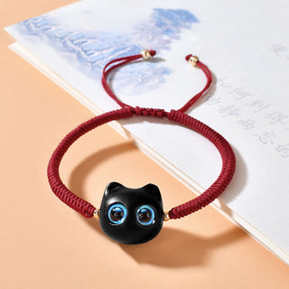 Buddha Gift Ebony Wood Cat Head Pattern Peace King Kong Knot Braided Bracelet