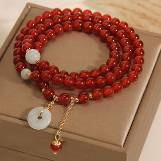 Buddha Gift Natural Red Agate Jade Peace Buckle Calm Triple Wrap Bracelet
