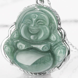Buddha Gift 925 Sterling Silver Laughing Buddha Jade Abundance Necklace Chain Pendant