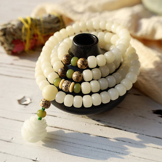 Buddha Gift White Jade Bodhi Lotus Mala Harmony Necklace Bracelet
