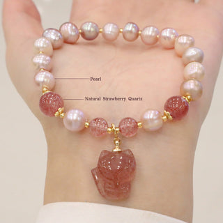 Buddha Gift Natural Pearl Strawberry Quartz Cute Fox Love Healing Charm Bracelet