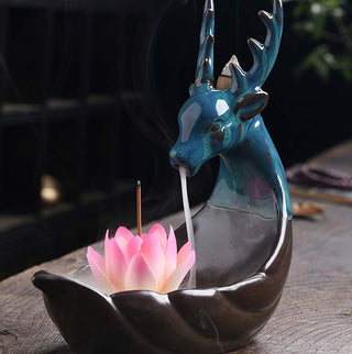 Buddha Gift Little Deer Ceramic Lotus Meditation Incense Burner Decoration