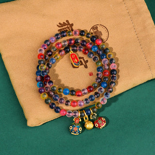 Buddha Gift Colorful Candy Agate Gold Swallowing Beast Family Strength Charm Triple Wrap Bracelet