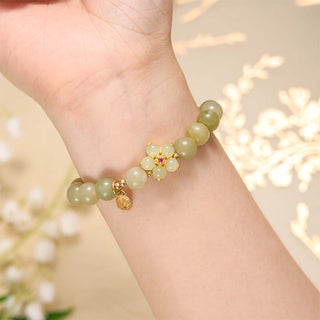 Buddha Gift Green Jade Flower Fu Character Charm Luck Bracelet