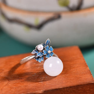 Buddha Gift White Jade 925 Sterling Silver Pearl Flower Blessing Necklace Pendant Ring Earrings