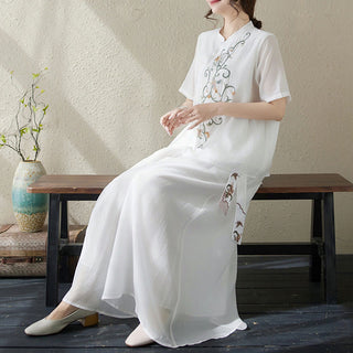 Buddha Gift 2Pcs Flower Embroidery Short Sleeve Tee T-shirt Wide Leg Pants Set