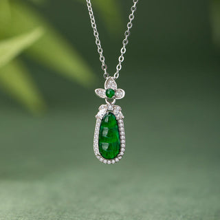 Buddha Gift 925 Sterling Silver Cyan Jade Pea Design Luck Healing Necklace Pendant
