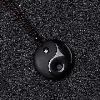 Buddha Gift Black Obsidian Taoism Five Sacred Mountains Nine-Character Mantra Carved Purification Yin Yang Necklace Pendant