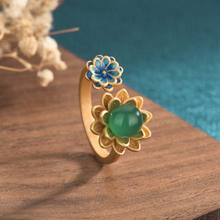 Buddha Gift Lotus Pattern Jade Abundance Adjustable Ring