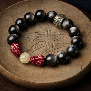 Buddha Gift Gold Sheen Obsidian PiXiu Cinnabar Om Mani Padme Hum Protection Bracelet