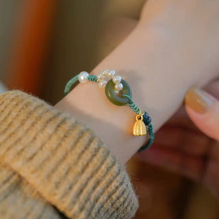 Buddha Gift Natural Hetian Jade Peace Buckle Pearl Luck Handcrafted Braided Bracelet