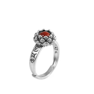 Buddha Gift925 Sterling Silver Lotus Red Agate Confidence Blessing Ring