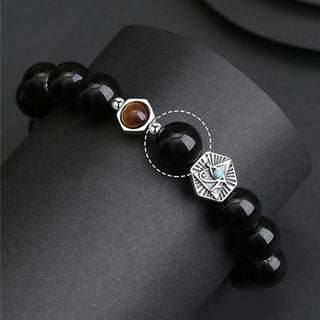 Buddha Gift 925 Sterling Silver Black Obsidian Tiger Eye Eye of Providence Purification Bracelet
