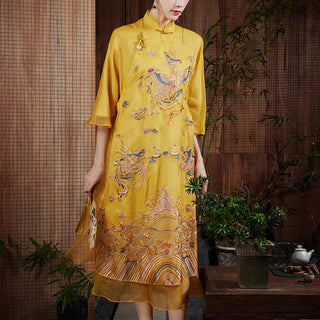 Buddha Gift 100% Mulberry Silk Organza Dress Embroidered Yellow Phoenix Qipao Cheongsam Dress