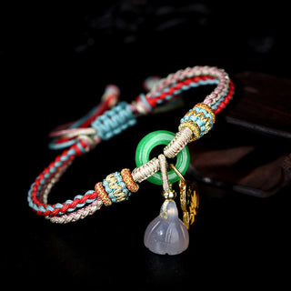 Buddha Gift Colorful Rope Chalcedony Lotus Jade Peace Buckle Harmony Gourd Charm Bracelet