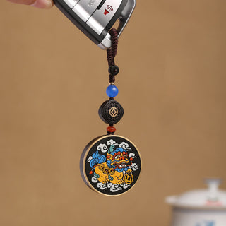 Buddha Gift PiXiu Copper Coin Ebony Wood Luck Attract Wealth Key Chain Decoration