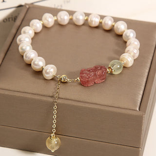 Buddha Gift Natural Pearl Strawberry Quartz PiXiu Optimism Charm Bracelet