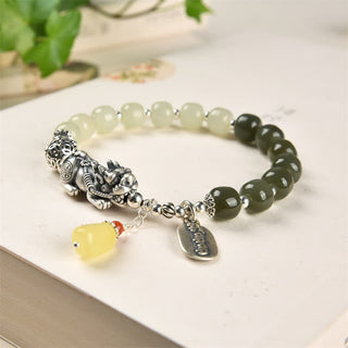 Buddha Gift 925 Sterling Silver Natural Hetian Jade Amber PiXiu Luck Bracelet