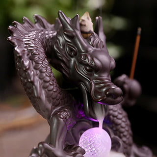Buddha Gift Auspicious Dragon Ceramic Backflow Smoke Fountain Meditation Healing Incense Burner Led Ball Decoration