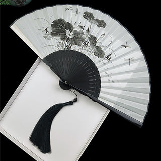 Buddha Gift Vintage Bamboo Peony Butterfly Lotus Handheld Silk Folding Fan With Bamboo Frames